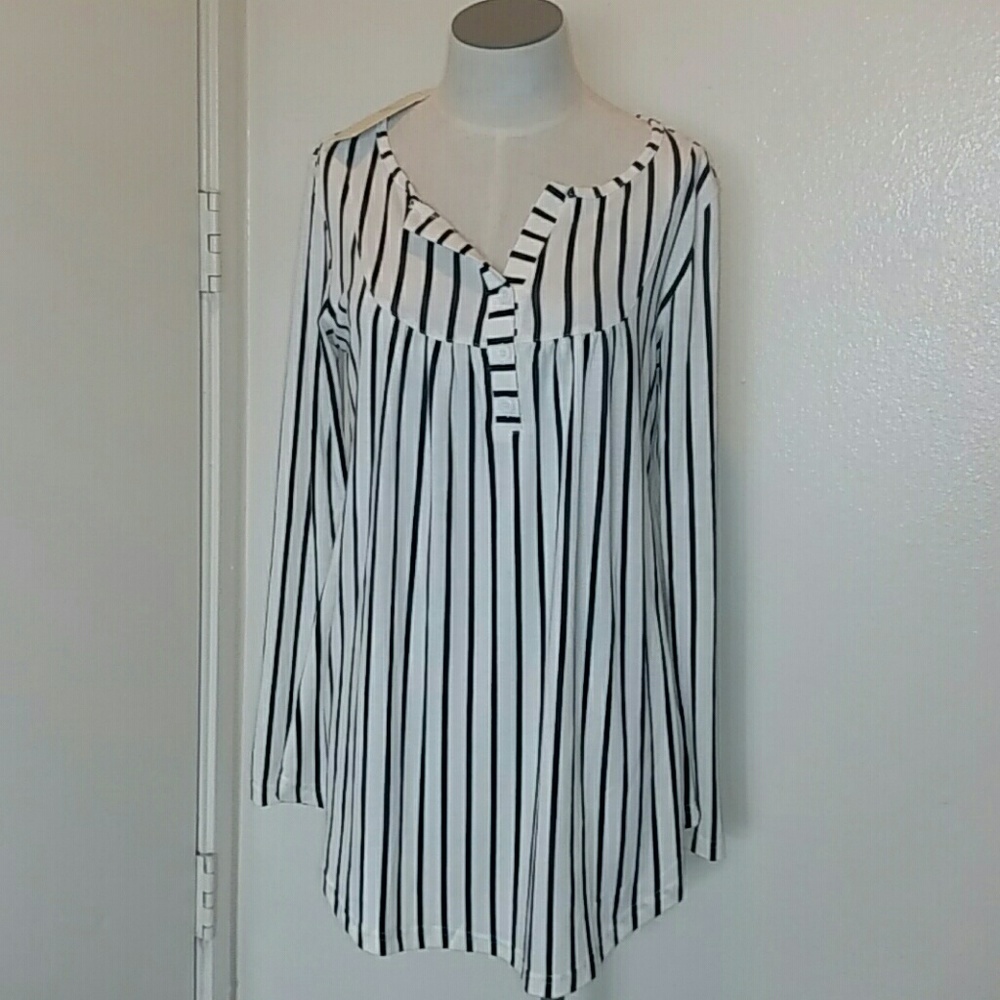 Sese Code Striped Split V Neck Tunic